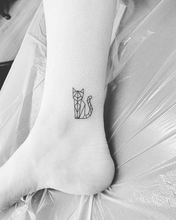 Geometric Cat Ankle Tattoo