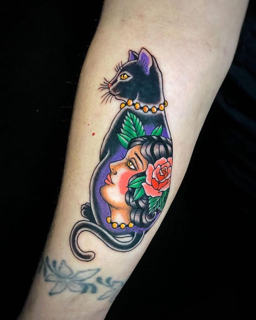 Traditional Cat Arm Tattoo