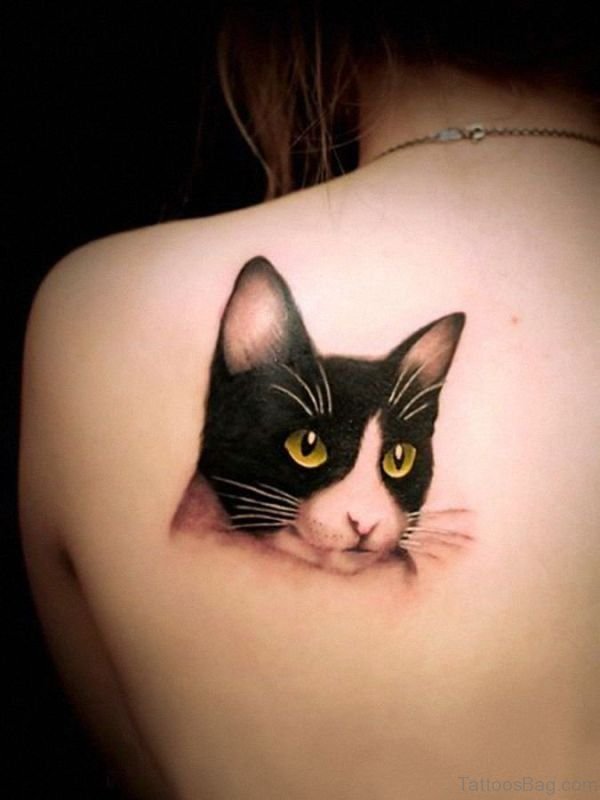 Realistic Cat Back Tattoo