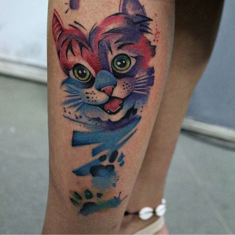 Watercolor Cat Calf Tattoo