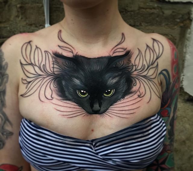 Realistic Cat Chest Tattoo