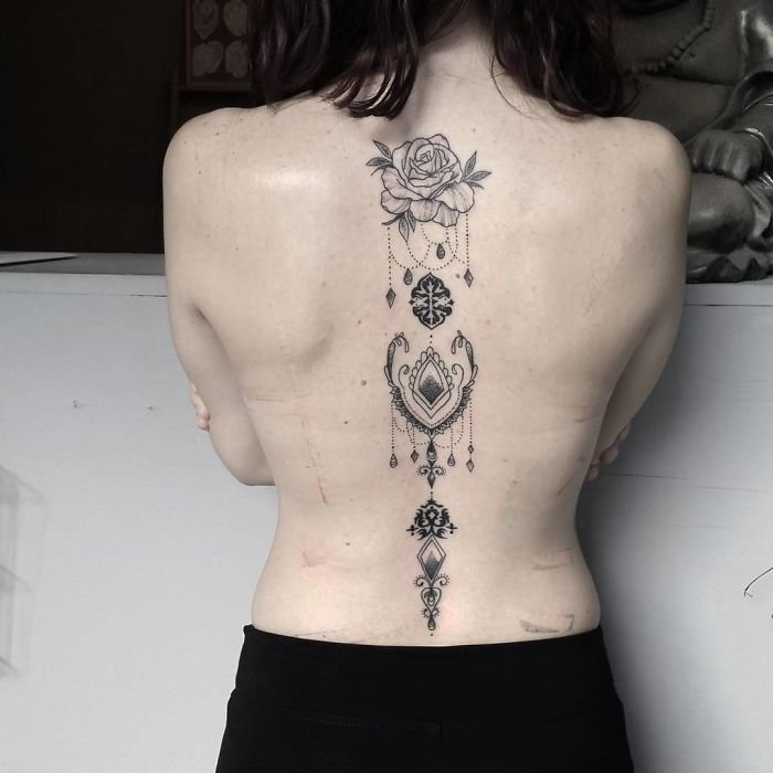 Geometric Pattern Spine Tattoo for Women