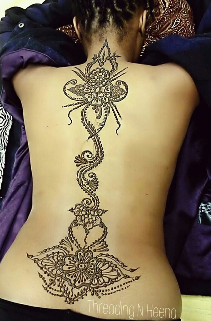 Intricate Henna-Inspired Spine Tattoo for Women