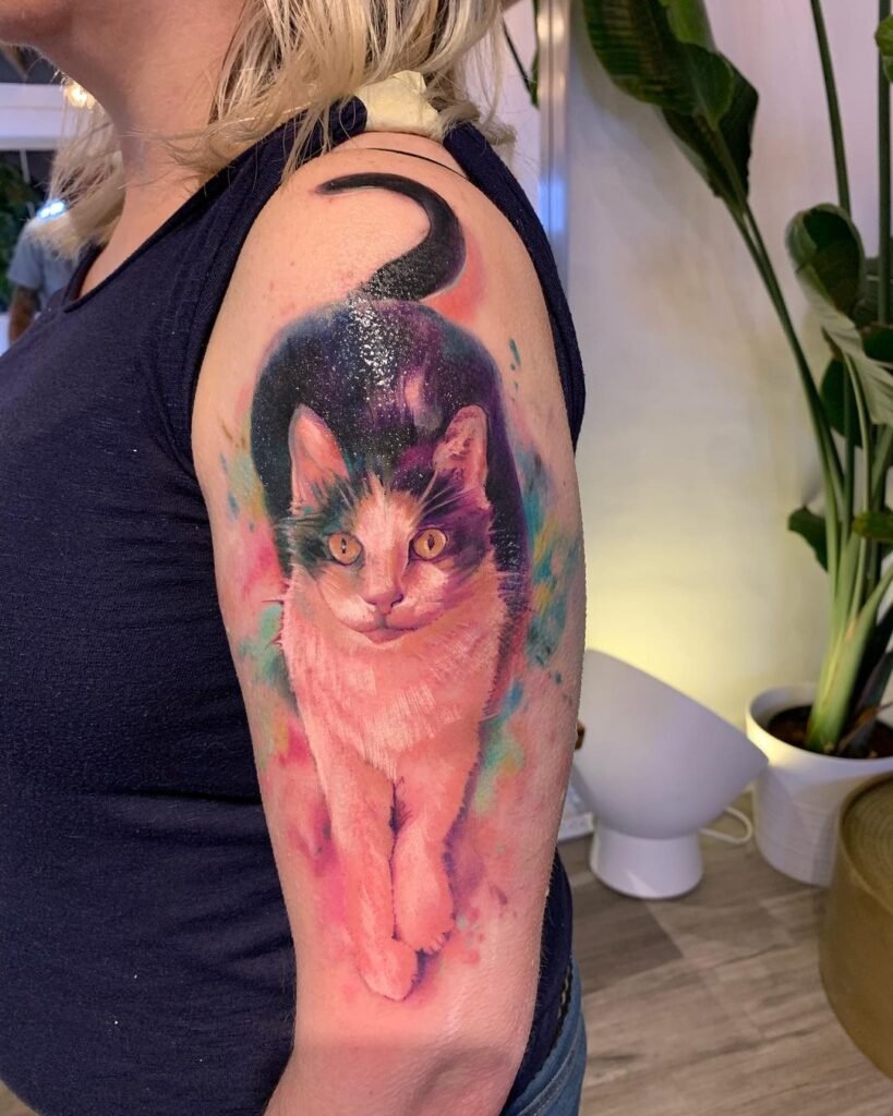 Water-color Cat Shoulder Tattoo