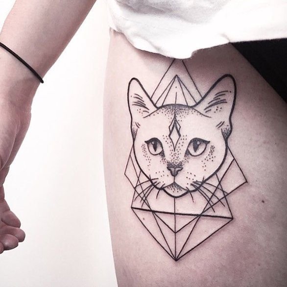 Geometric Cat Thigh Tattoo