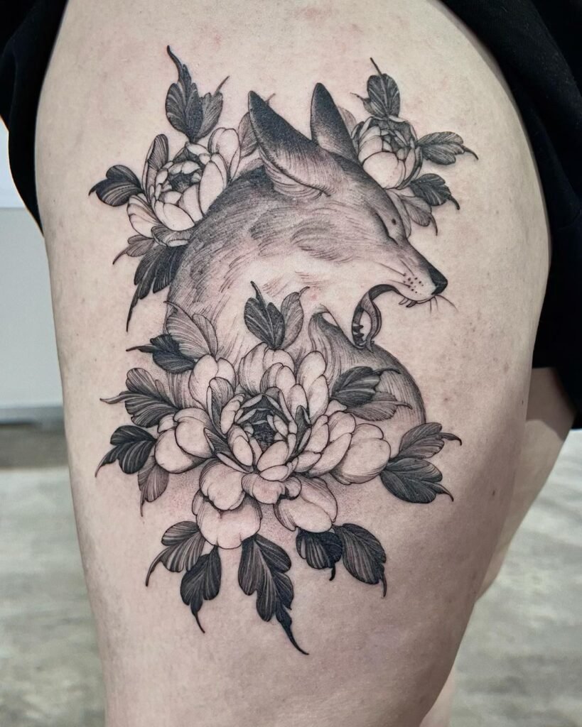 black and white fox tattoo